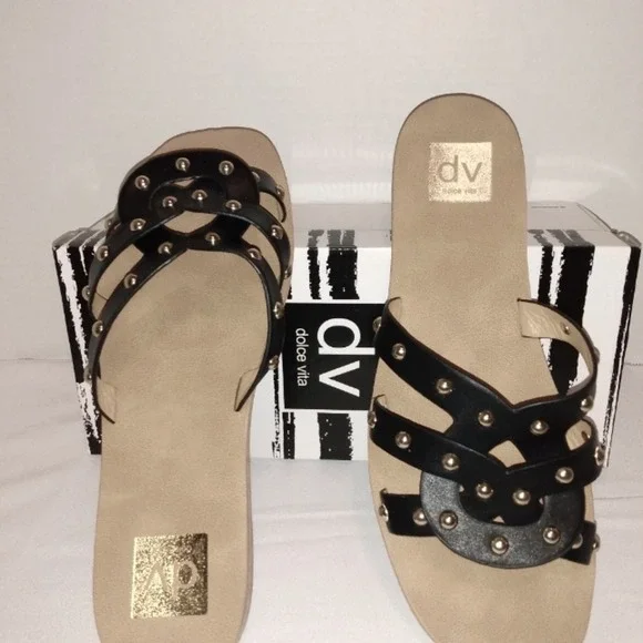 Dolce Vita Size 9 Studded Black Strappy Sandals Slides Flats Shoes - Picture 4 of 4